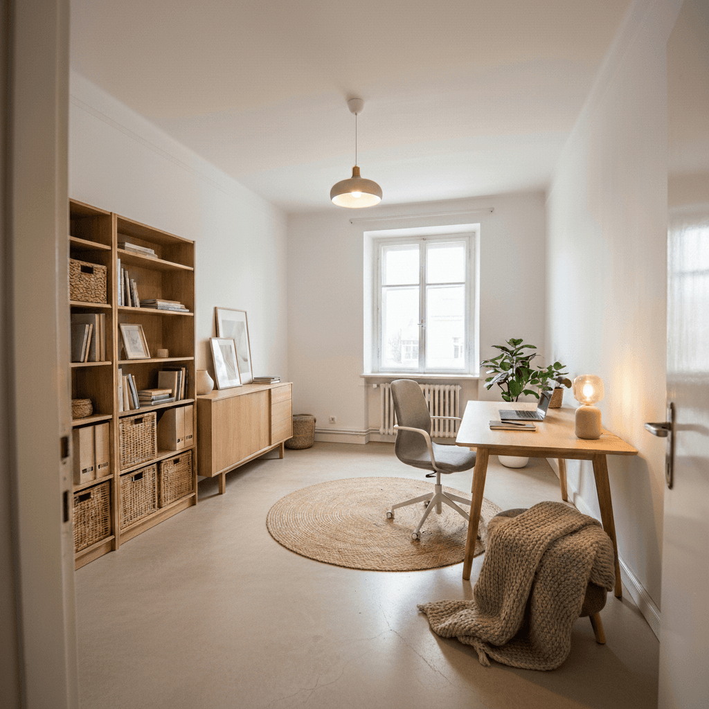 Dasselbe Zimmer als helles skandinavisches Arbeitszimmer mit Holzregal und Juteteppich